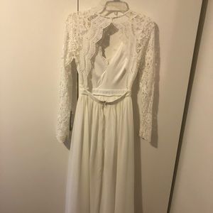 White lace top, open back, long dress